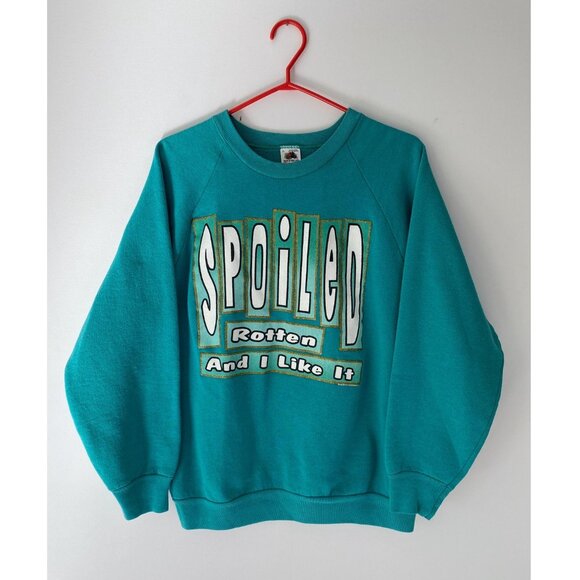 90s vintage reworked green spoiled rotten funny quote phrase pullover sweater - Picture 7 of 8